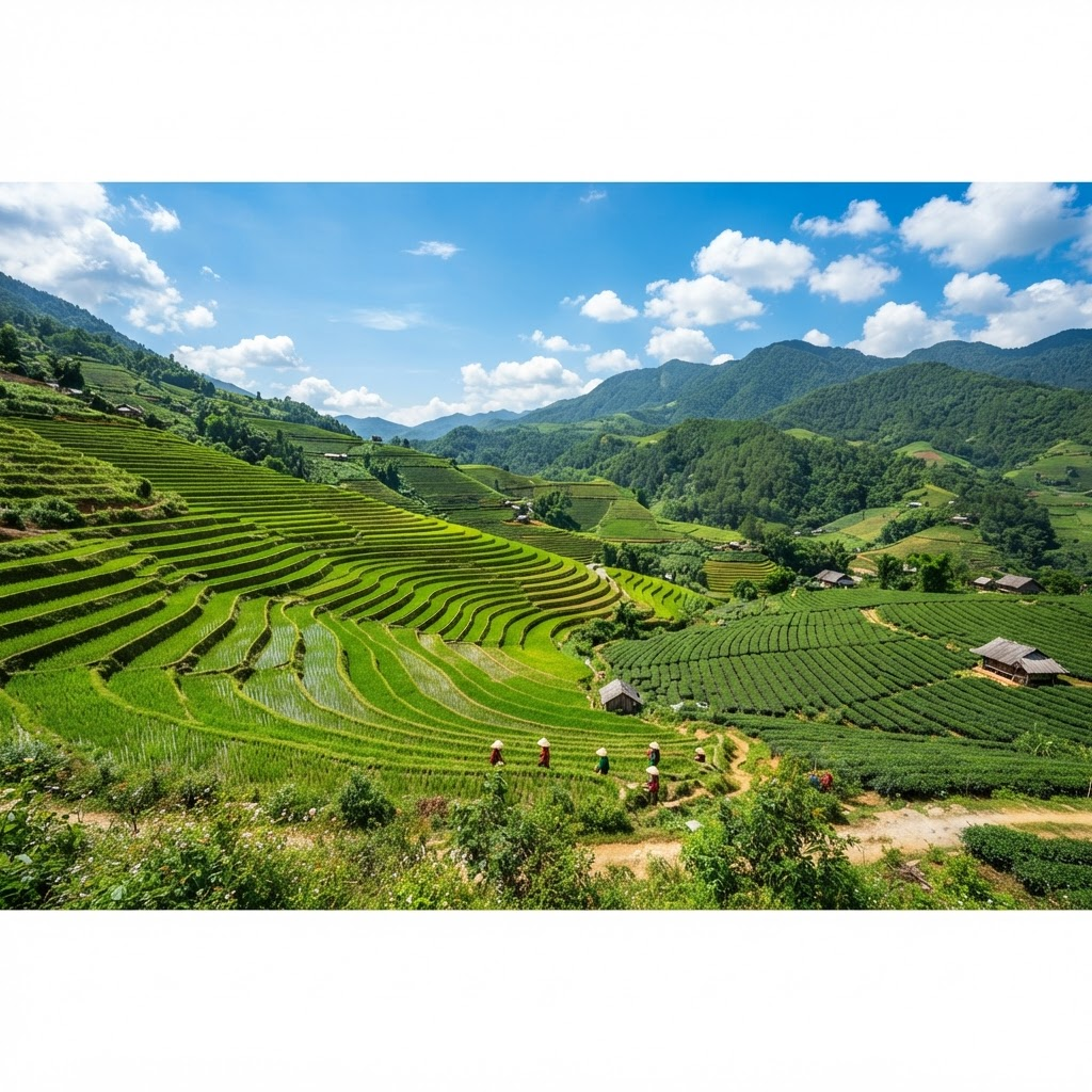 Green terraced rice paddies and tea fields in Vietnam